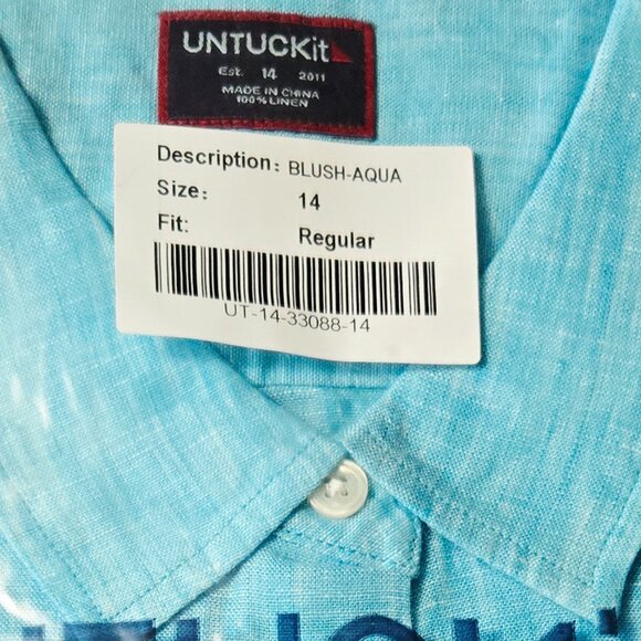NWT UNTUCKit BLUSH AQUA 100% LINEN LONG SLEEVE BUTTON FRONT SHIRT SIZE 14 - Picture 9 of 9